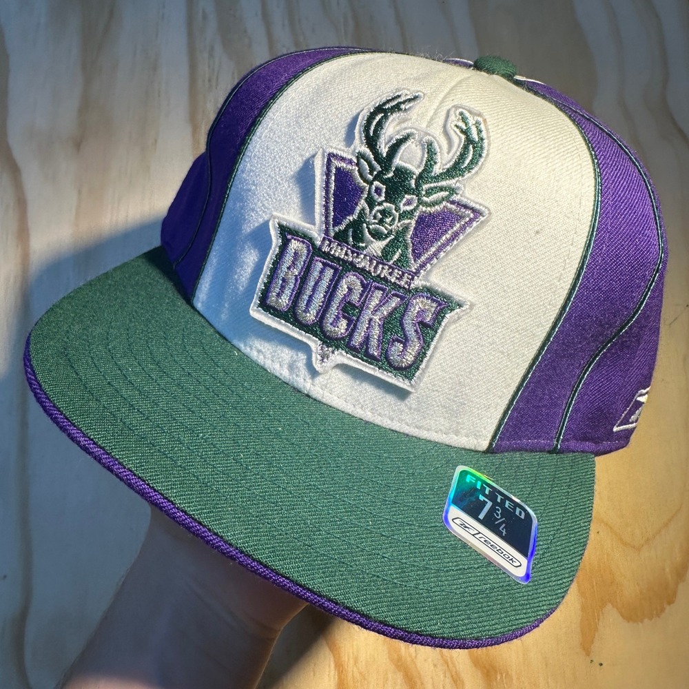 Reebok Milwaukee Bucks NBA Fitted Hat 7 1/8 Purple Green Vintage Logo Cap